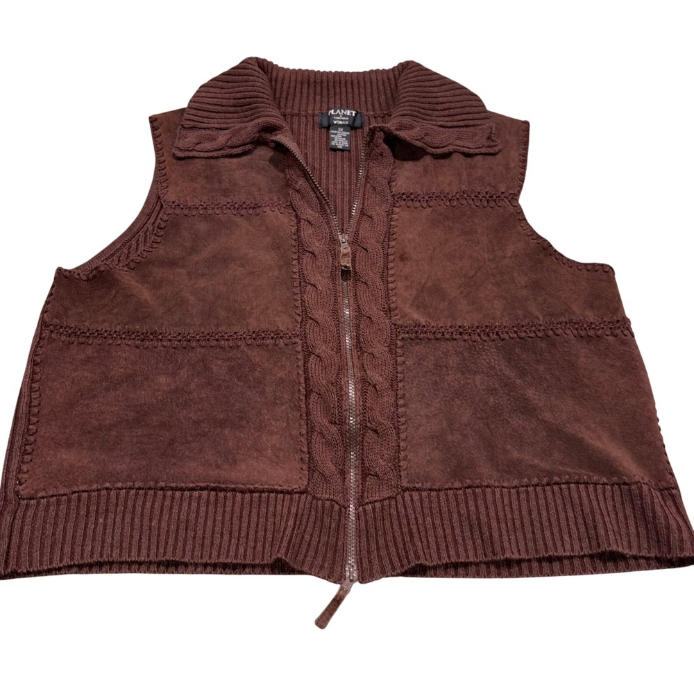 Vintage 90s Western Boho Leather Suede Cable Knit Stretchy 3XL Women's Vest